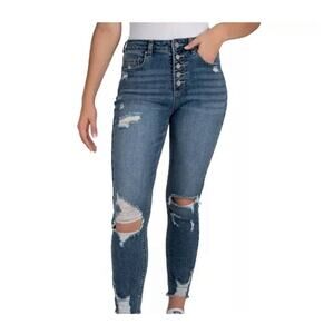 ÍNDIGO RAIN Juniors' Curvy High-Rise Button-Front Distress Ankle Jeans 5 3060
